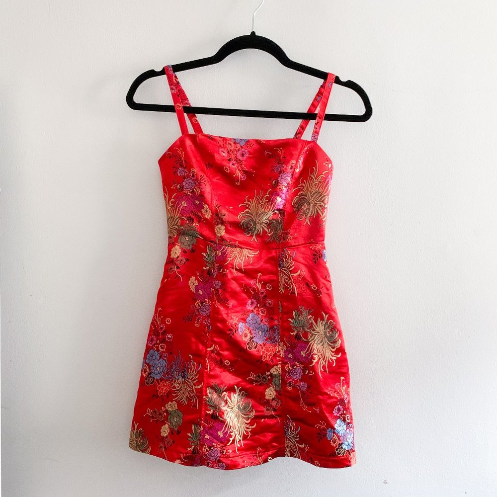 Chinoiserie Red Satin Floral Dress